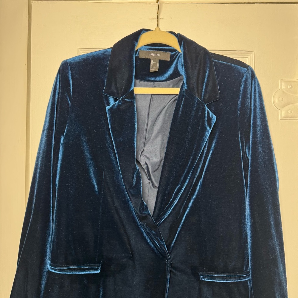 Forever 21 Oversized Velvet Blazer Jacket Blue Cocktail Medium - Picture 4 of 14